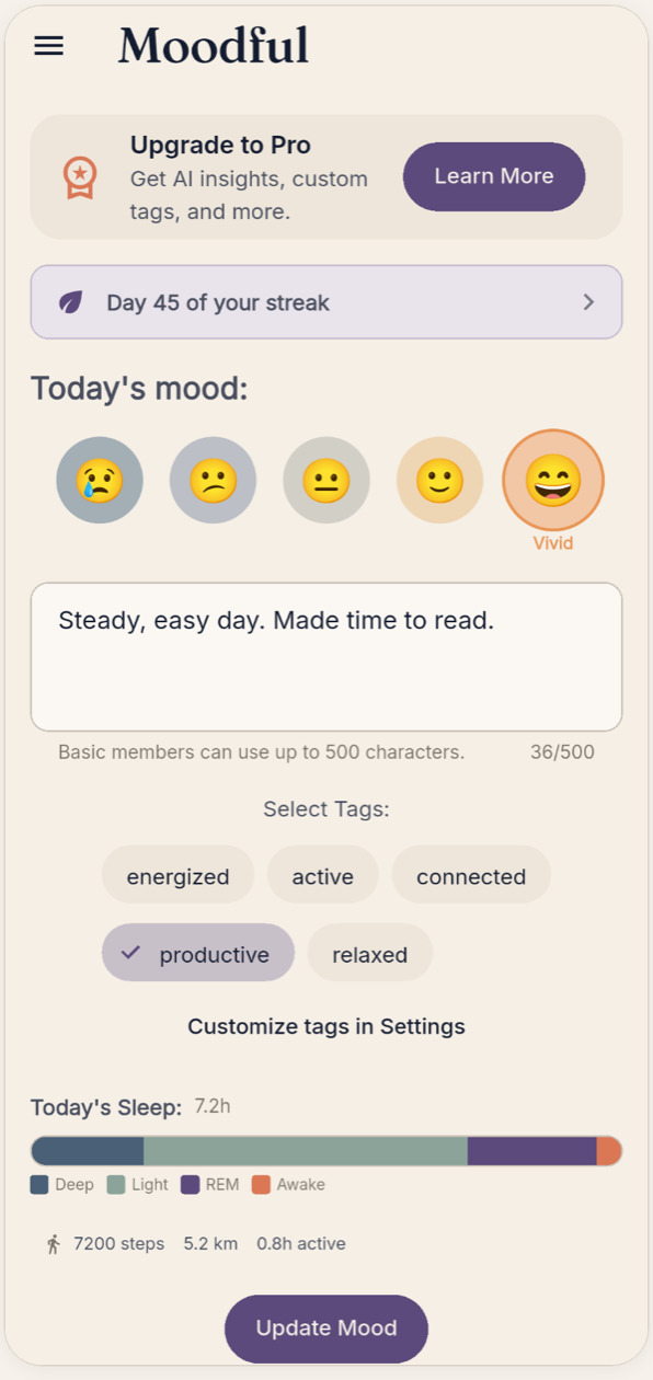 The Moodful daily check-in screen, with a mood picker, a short note, and tags.
